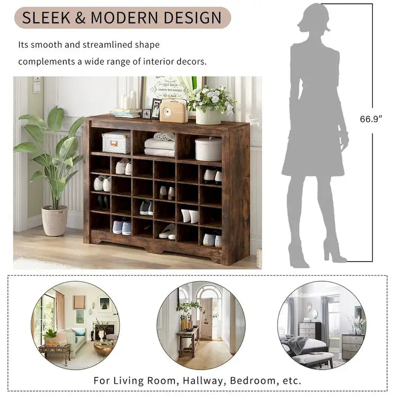 Console à chaussures 24 casiers, meuble à chaussures avec base incurvée, buffet polyvalent de haute qualité pour entrée, chambre, salon