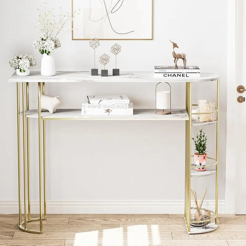 Console Table Tables d'appoint de canapé dorées Table d'entrée étroite avec rangement et étagères