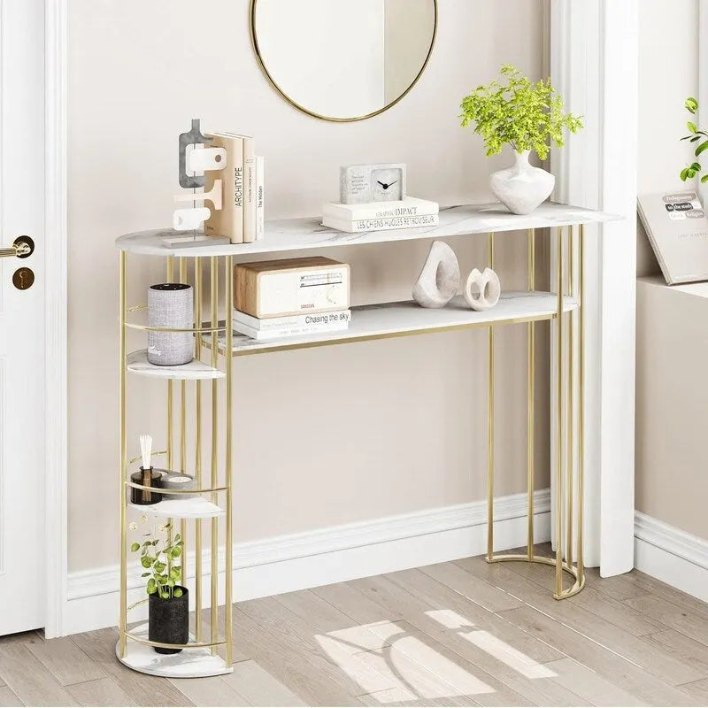 Console Table Tables d'appoint de canapé dorées Table d'entrée étroite avec rangement et étagères