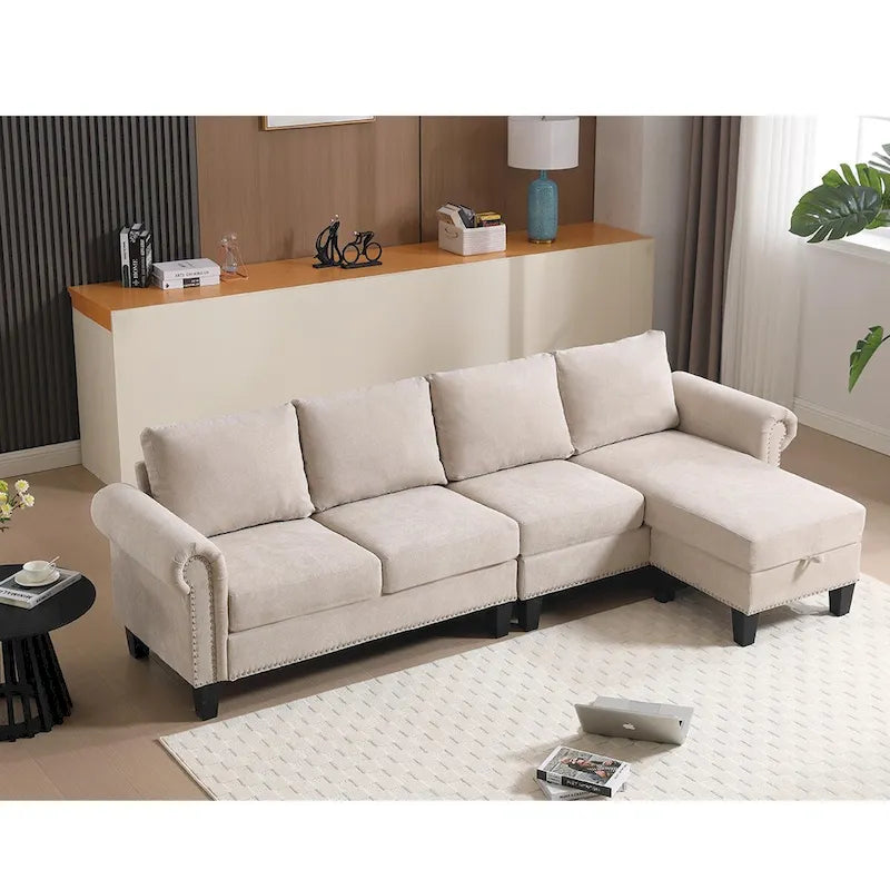 Canapé modulable avec pouf de rangement (configuration reconfigurable) — en forme de L, beige, design moderne