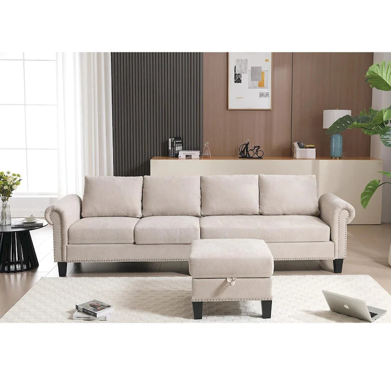 Canapé modulable avec pouf de rangement (configuration reconfigurable) — en forme de L, beige, design moderne