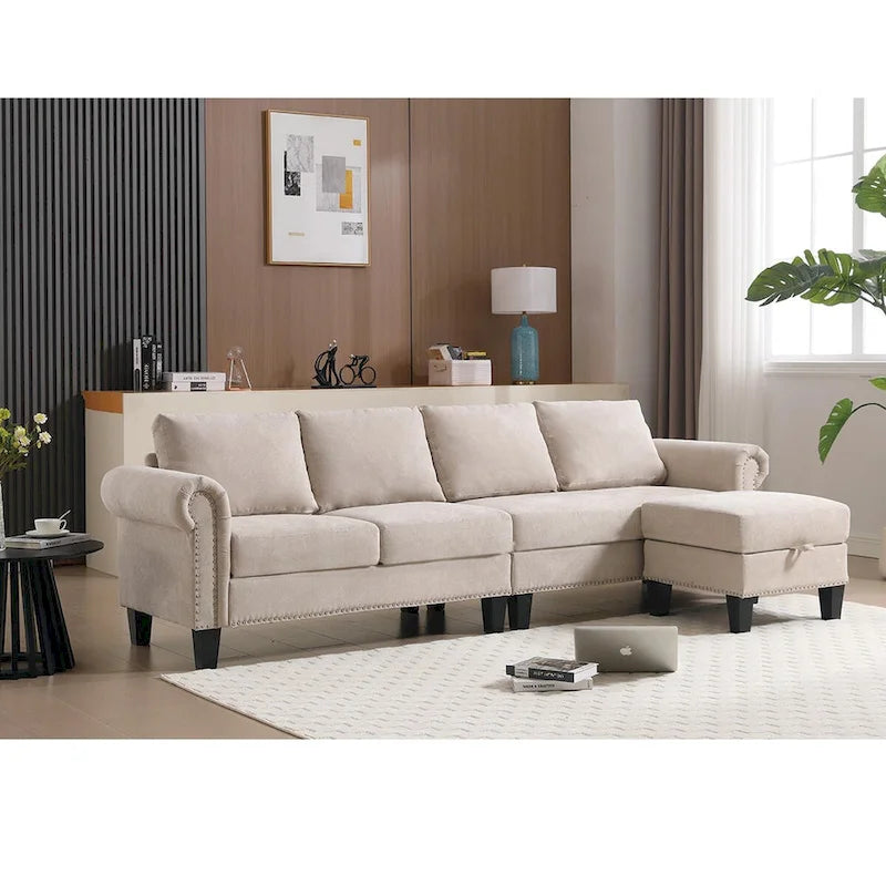 Canapé modulable avec pouf de rangement (configuration reconfigurable) — en forme de L, beige, design moderne