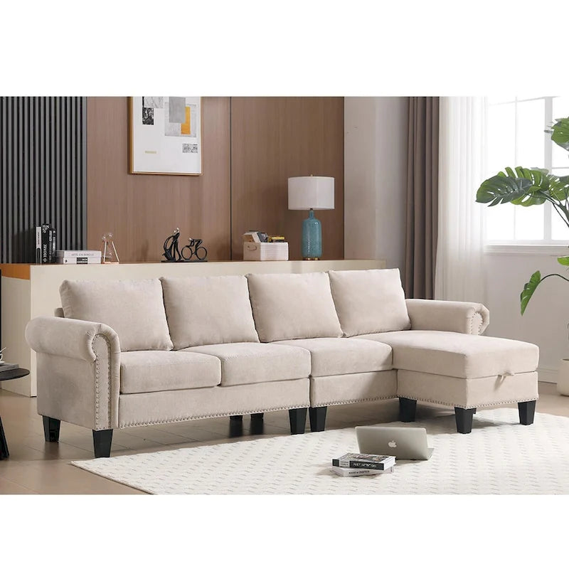 Canapé modulable avec pouf de rangement (configuration reconfigurable) — en forme de L, beige, design moderne