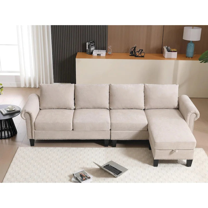 Canapé modulable avec pouf de rangement (configuration reconfigurable) — en forme de L, beige, design moderne