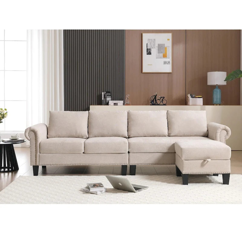 Canapé modulable avec pouf de rangement (configuration reconfigurable) — en forme de L, beige, design moderne
