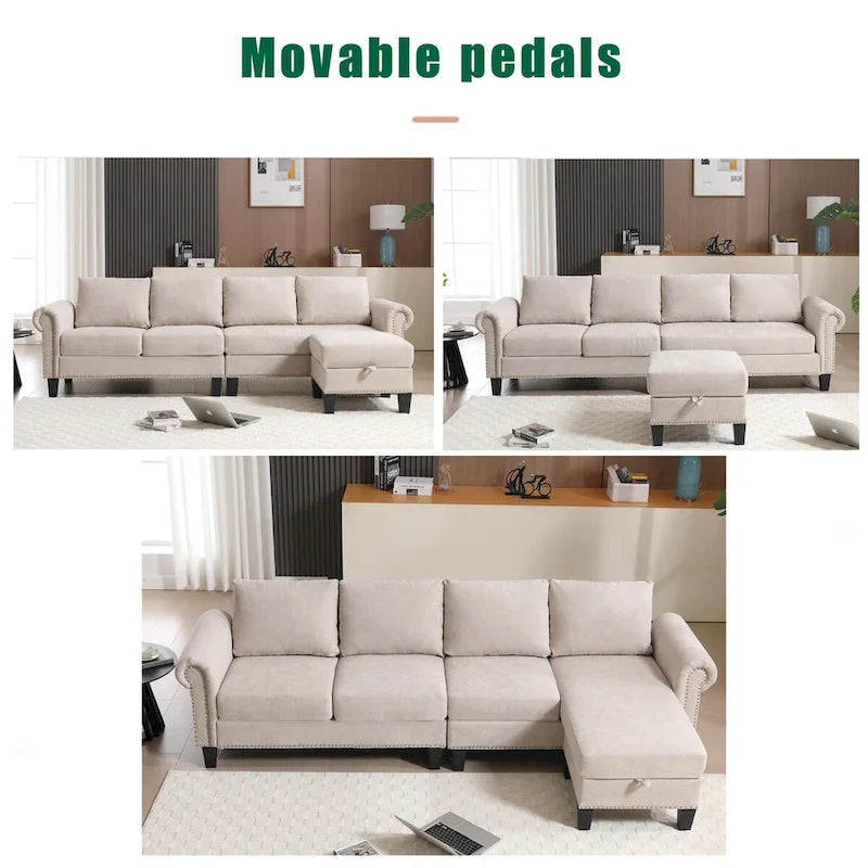 Canapé modulable avec pouf de rangement (configuration reconfigurable) — en forme de L, beige, design moderne