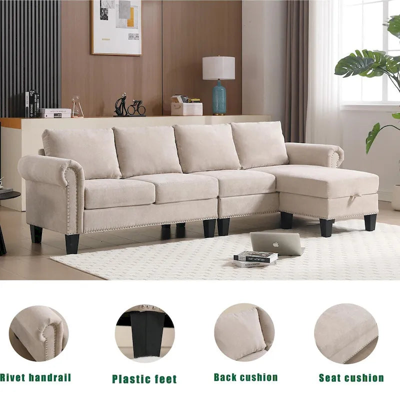 Canapé modulable avec pouf de rangement (configuration reconfigurable) — en forme de L, beige, design moderne