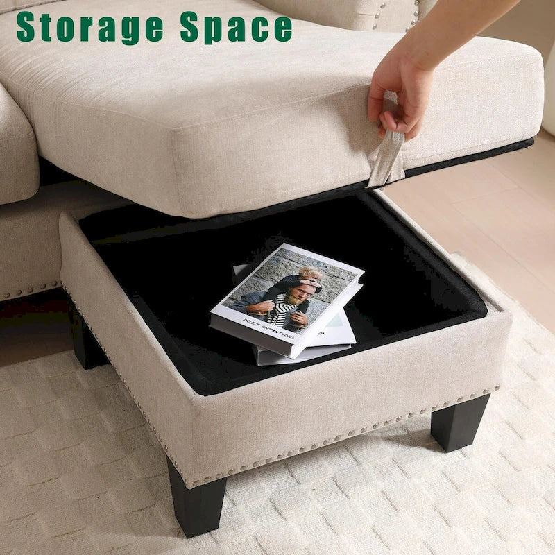 Canapé modulable avec pouf de rangement (configuration reconfigurable) — en forme de L, beige, design moderne