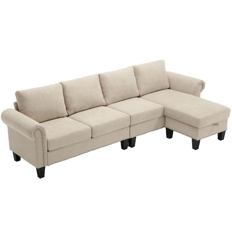 Canapé modulable avec pouf de rangement (configuration reconfigurable) — en forme de L, beige, design moderne