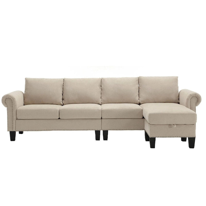Canapé modulable avec pouf de rangement (configuration reconfigurable) — en forme de L, beige, design moderne